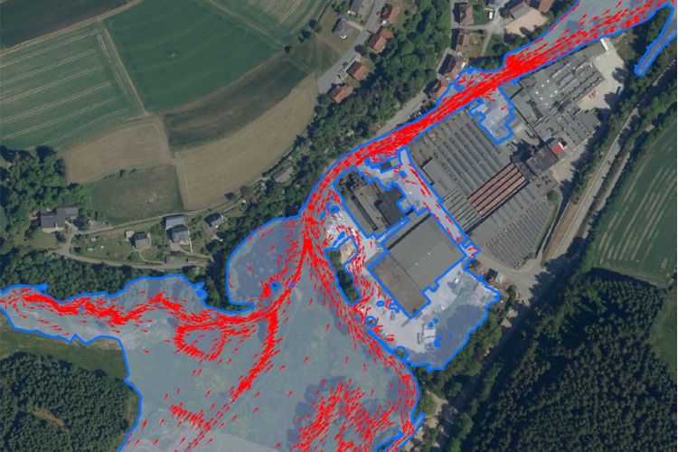 Wesentliche Teile des Gewerbegebiets sind bei einem 100-jährlichen Hochwasser der Selbitz überschwemmt